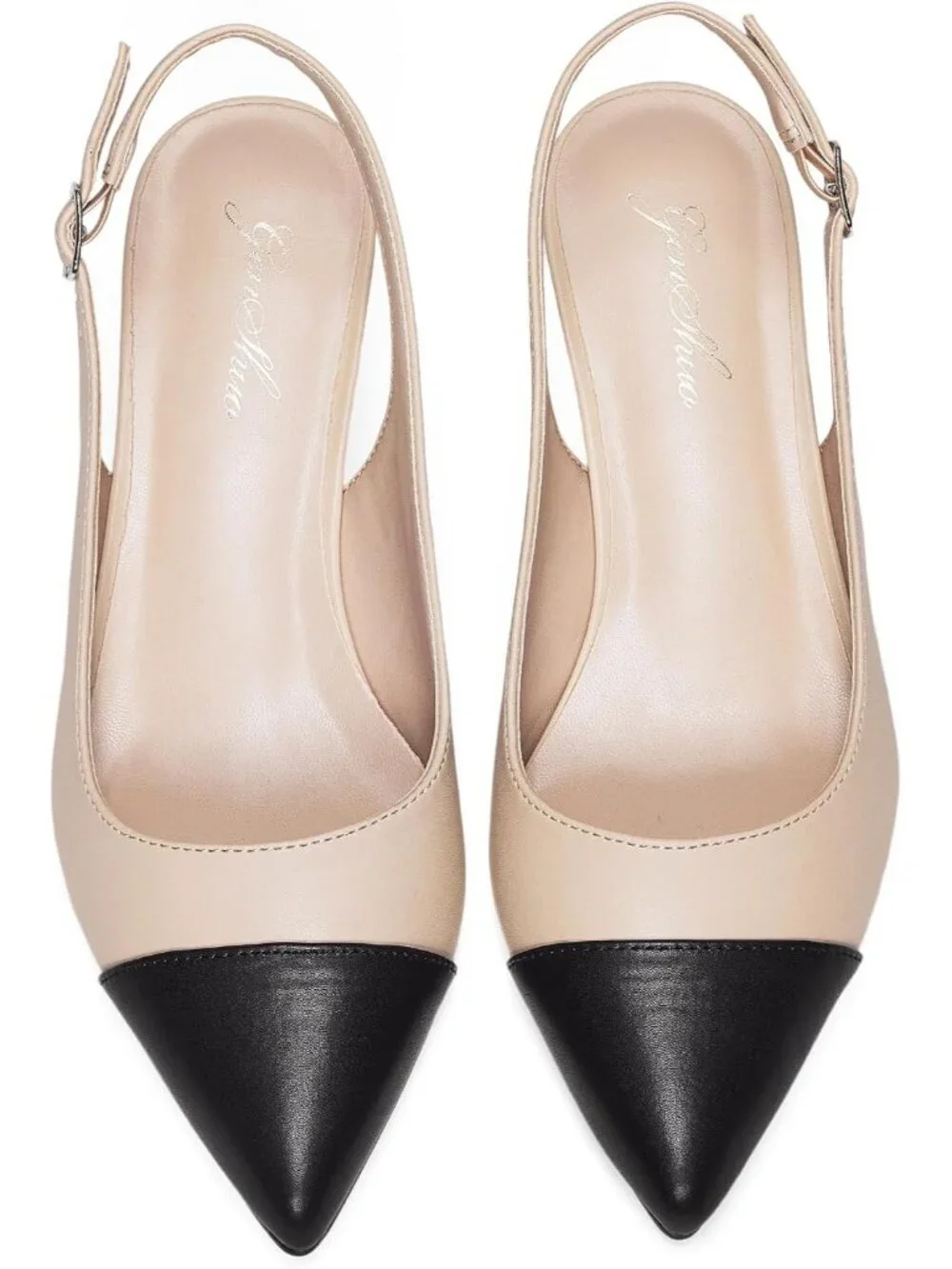 Women's Black And Nude Slingback Pump Pointed Closed Toe Low Kitten Heel Shoes